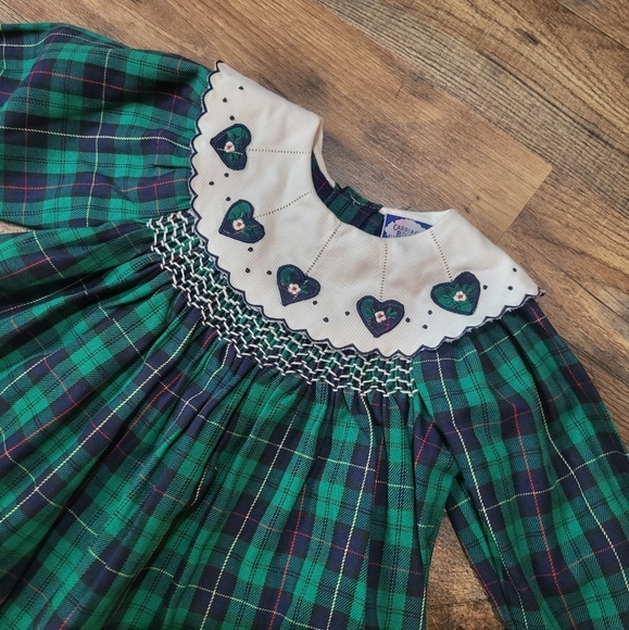 Vintage 80's Carriage Boutique Scottish Green & Blue Plaid Embroidered Babydoll - Picture 2 of 6